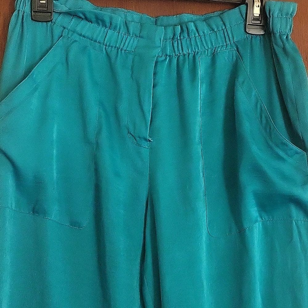 BCBG MaxAzria Bennet Ankle Pants Blue Surf Green Paper Bag Waist